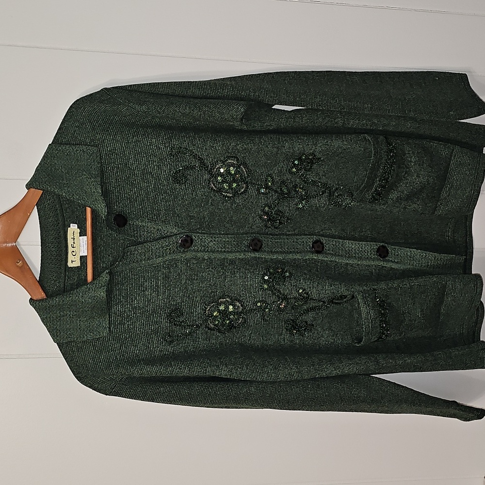 T.C Fashion Olive Green Beaded Floral Cardigan Sweater XXL Nature Grannycore EUC